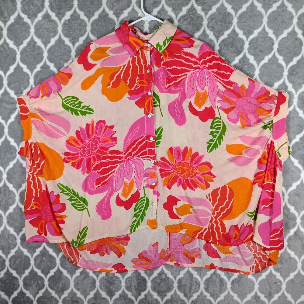 Gold & Silver Paris Top Womens OS Pink Orange Floral Oversized Resort Dress - Picture 3 of 10